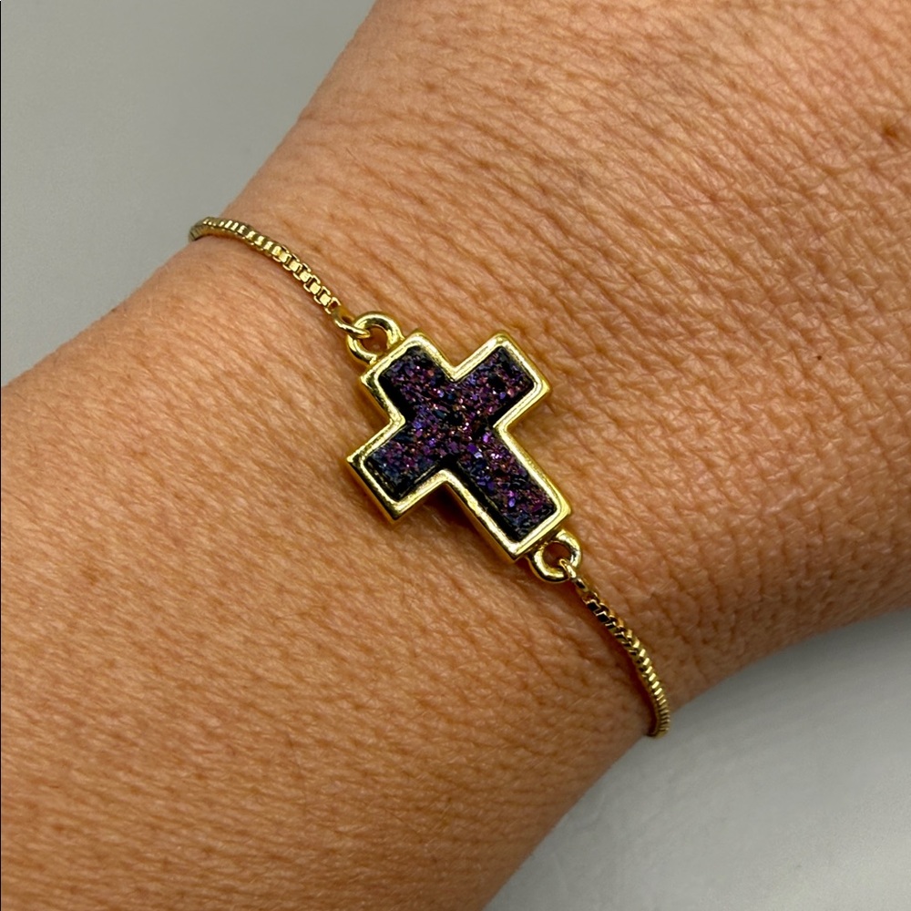 Vintage Gold Tone Purple Cross Bangle Cuff Statement Bracelet